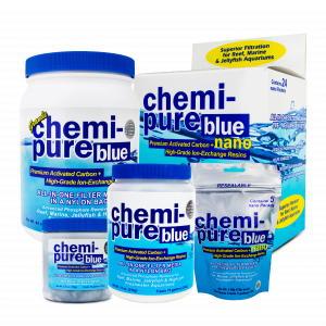 Chemi-pure Blue aquarium filter media in multiple sizes and nano packs – premium activated carbon with ion exchange resins for reef, marine, jellyfish, and high pH freshwater aquariums.