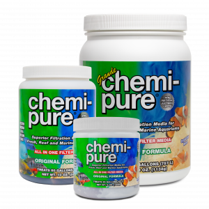 Chemi-pure Original aquarium filter media in 5 oz, 10 oz, and 40 oz containers – premium filtration solution for freshwater and saltwater aquariums.