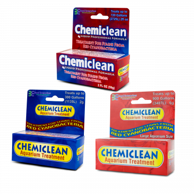 Chemiclean aquarium treatment in powder and liquid form – removes red, black, blue-green, and bubble-producing cyanobacteria stains in freshwater and saltwater aquariums.