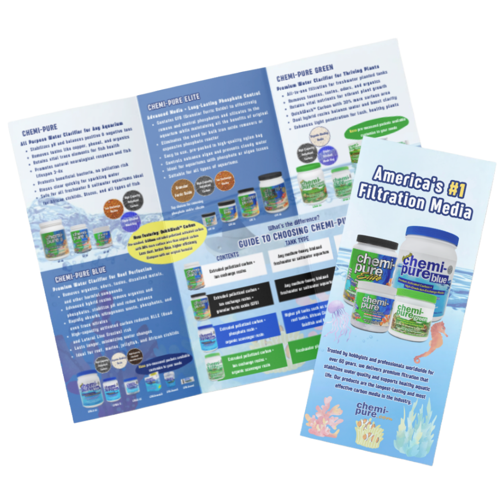 Chemi-pure filtration media product brochure showcasing Chemi-pure Blue, Elite, and Green for aquariums, highlighting America’s #1 filtration media benefits.